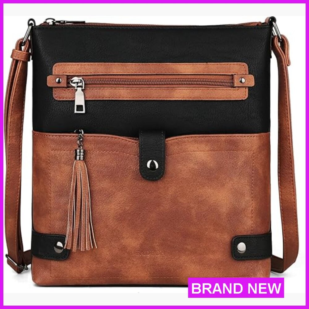 Crossbody Bag Multi Pocket Vegan Leather Adjustable Strap Travel Purse Tassel